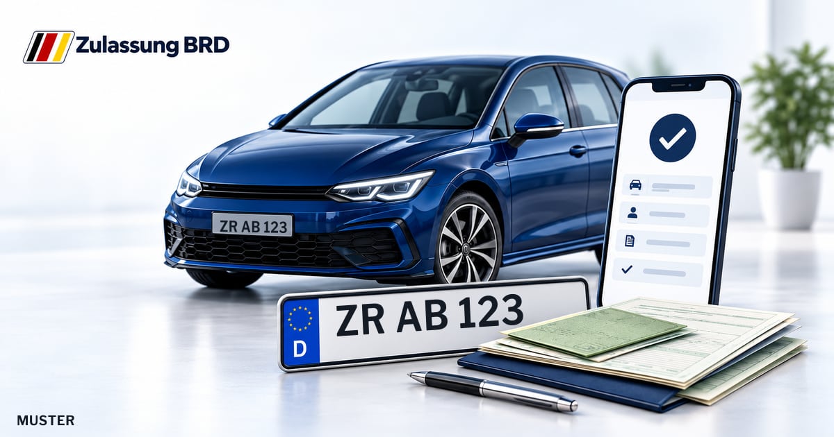 Online Fahrzeugzulassung in Landkreis Greiz: Musterkennzeichen ZR AB 123, Auto und Fahrzeugpapiere und Smartphone. Illustration mit Logo von Zulassung BRD.